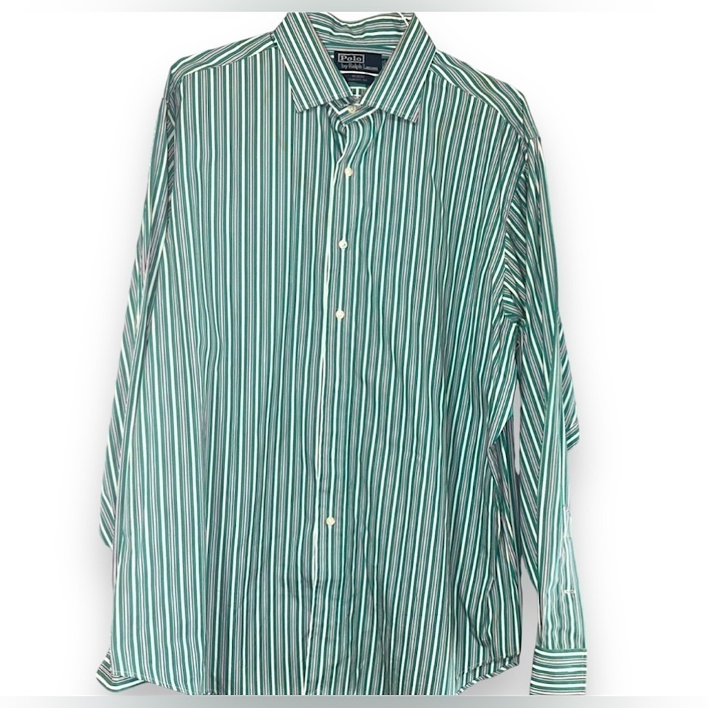 Ralph Lauren Polo Long Sleeve Button XL Regent Classic Fit Collard Green Striped